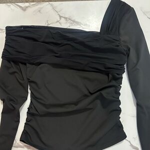 Black Stretch One Shoulder Long Sleeve Shirt